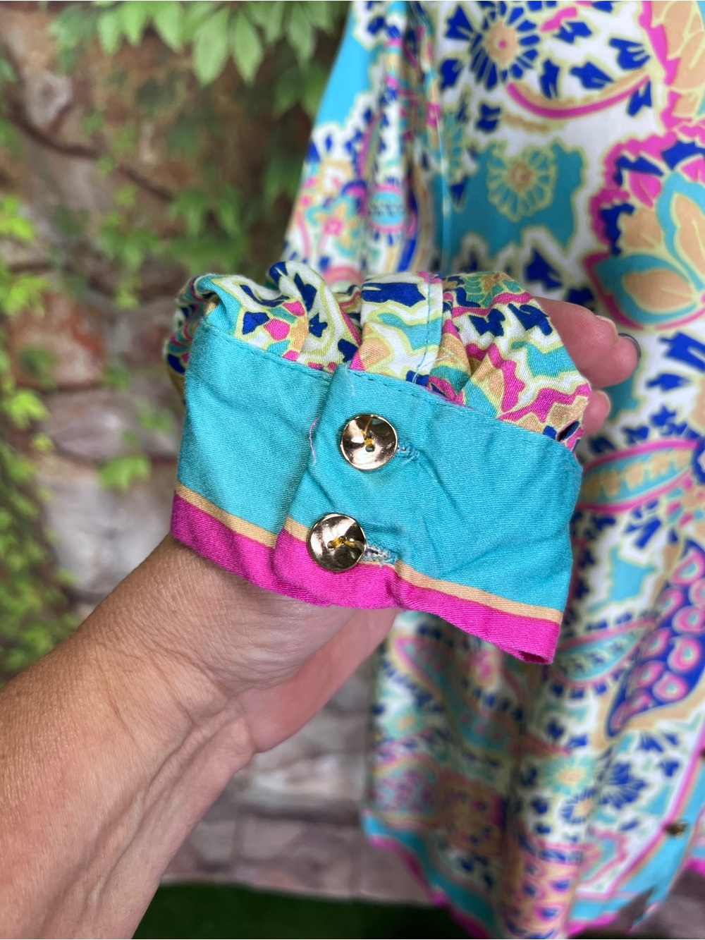 HAUTE HIPPIE STYLE Paisley Resortwear Floral Turquoise Button Front Blouse, 1X - Picture 4 of 14